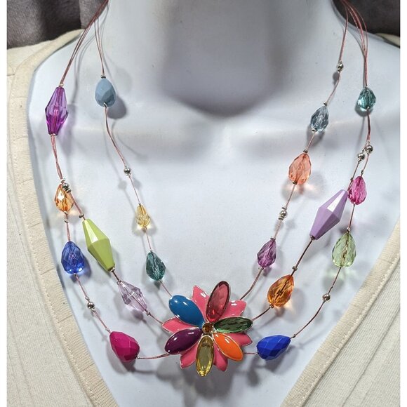 Rainbow Floral Enamel And Rhinestone Layered Beaded Necklace - Picture 5 of 5